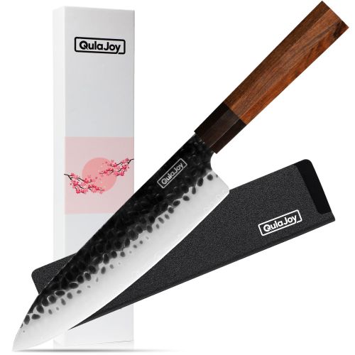 Qulajoy 7 Inch Santoku Knife - Professional Japanese Chef Knife - Razor Sharp 9cr18mov Blade - Hammered Kitchen Knife - Octagonal Rosewood Handle With