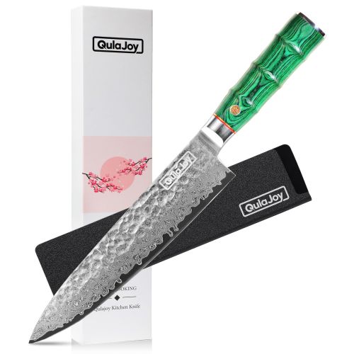 Qulajoy Japanese Chef Knife 8 Inch,67 Layers Damascus VG-10 Steel Core,Professional Hammered Kitchen Knife,Handcrafted With Ergonomic Bamboo Shape Han